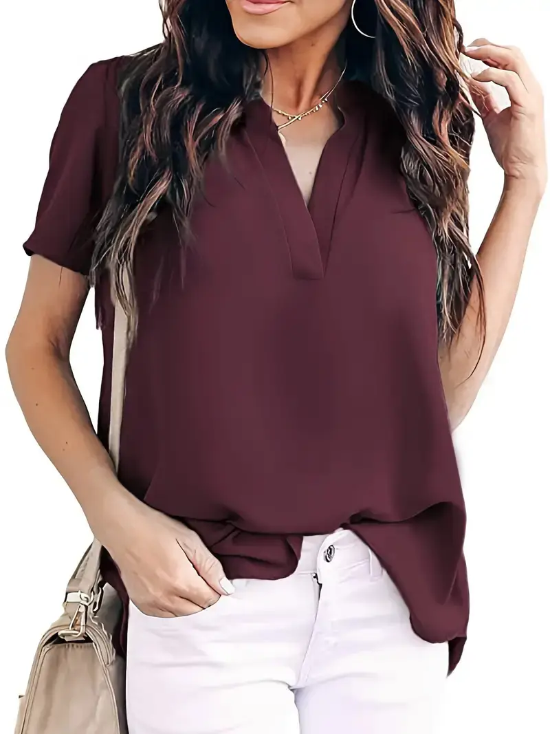 Maroon V-Neck Short Sleeve Chiffon Shirt Top - Image 3