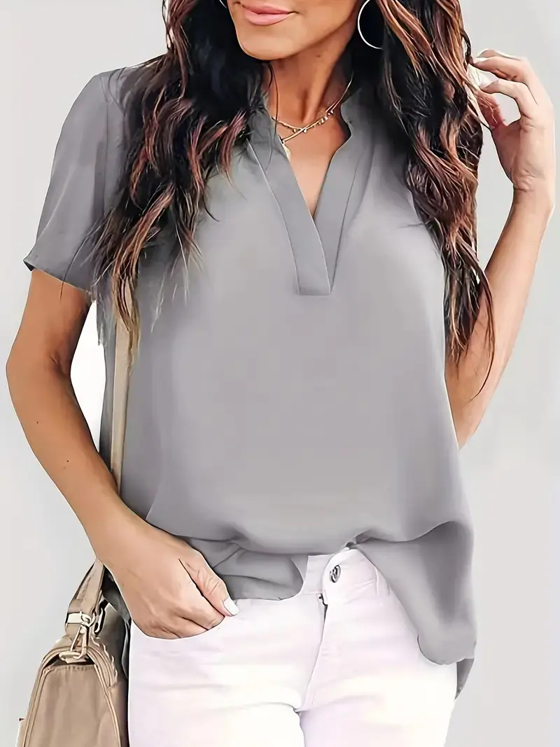 Maroon V-Neck Short Sleeve Chiffon Shirt Top - Image 4