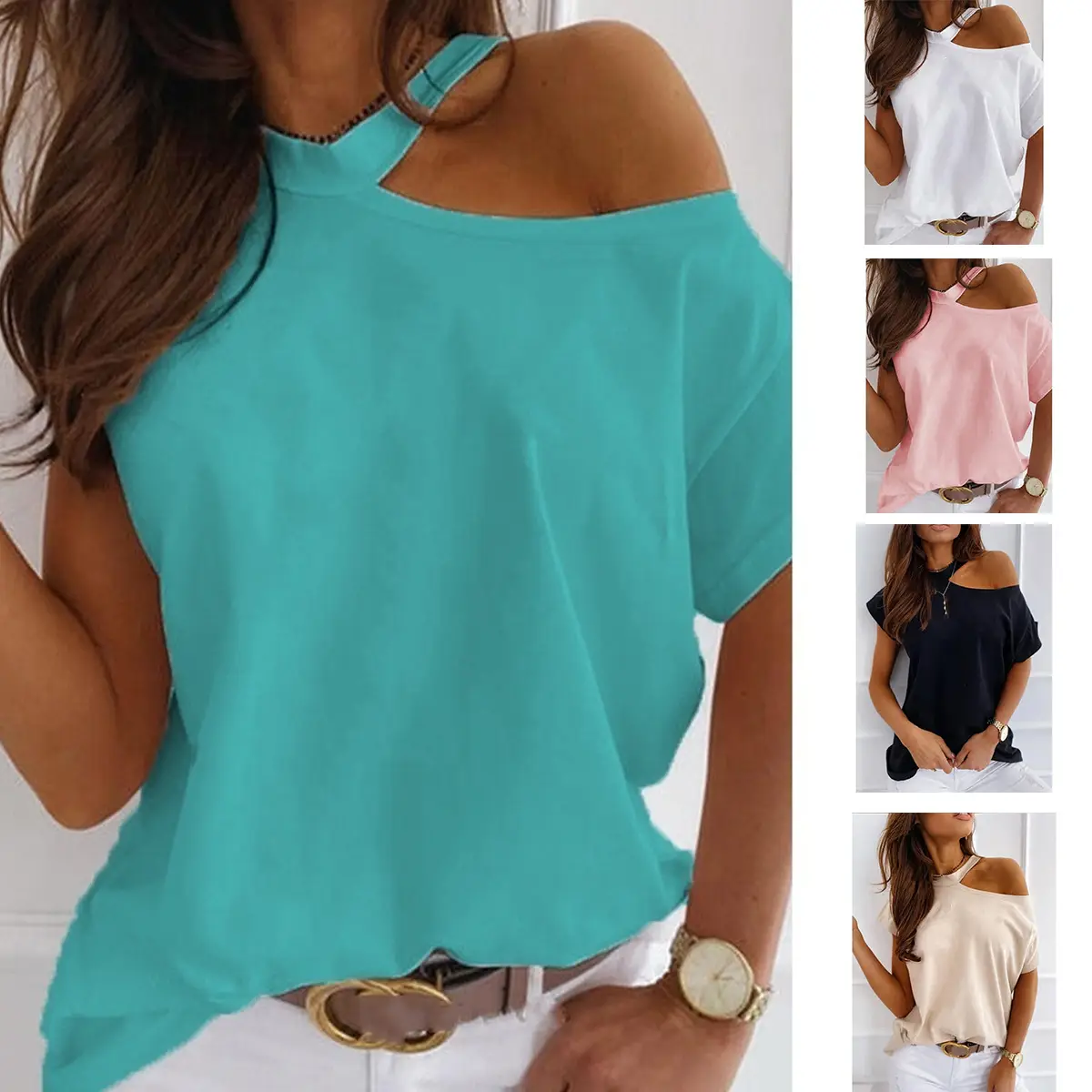 Black Cold Shoulder Women's T-Shirt 2023 Spring Summer - Image 5