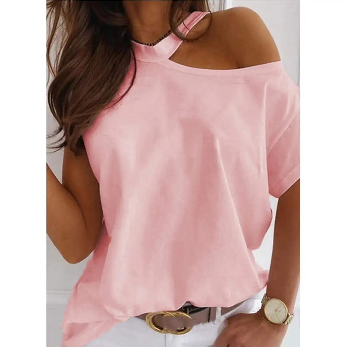 Black Cold Shoulder Women's T-Shirt 2023 Spring Summer - Image 3