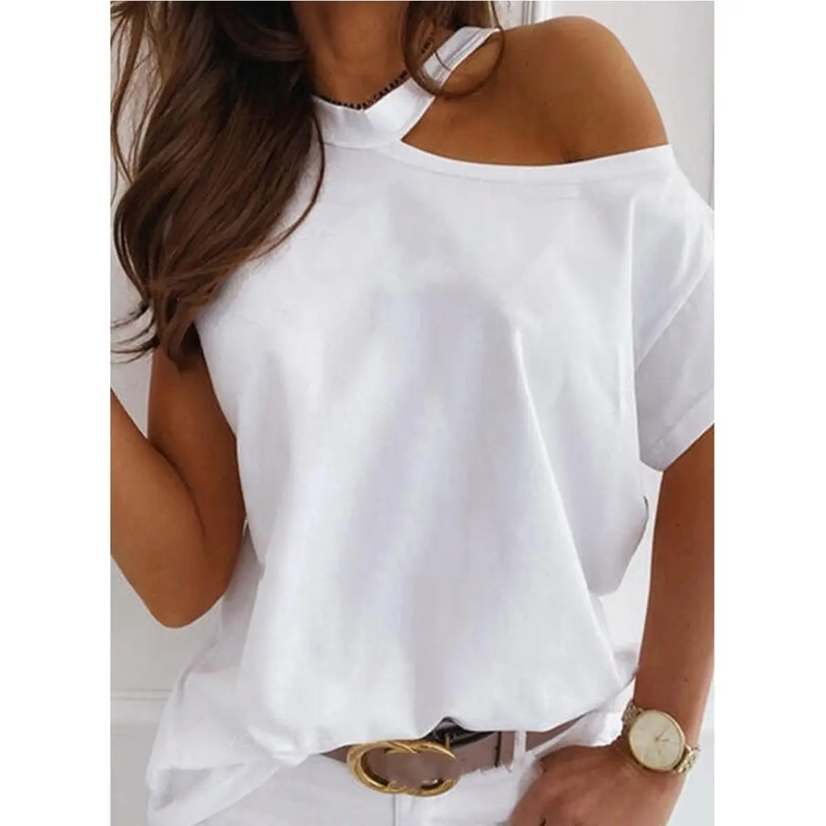 Black Cold Shoulder Women's T-Shirt 2023 Spring Summer - Image 6