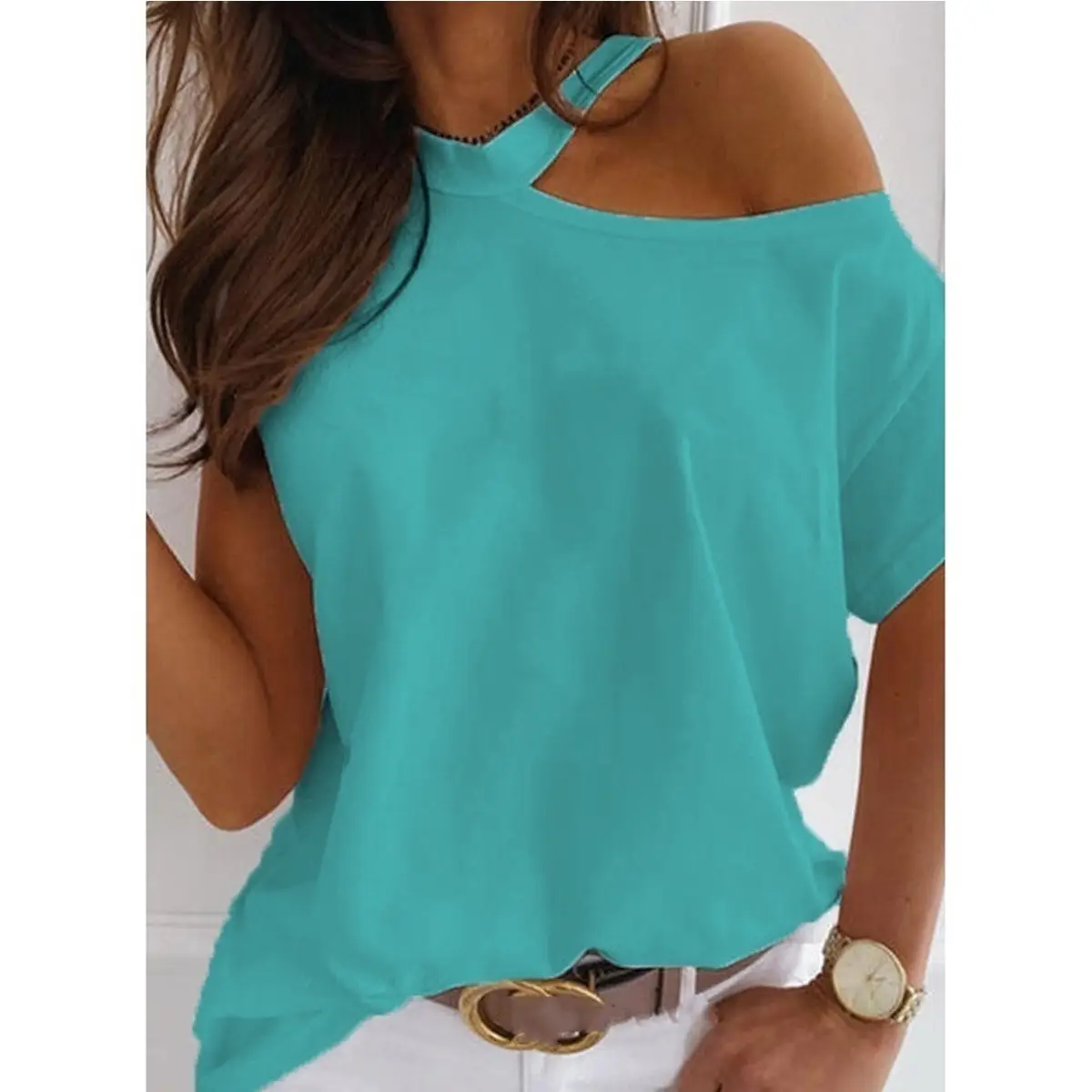 Black Cold Shoulder Women's T-Shirt 2023 Spring Summer - Image 2