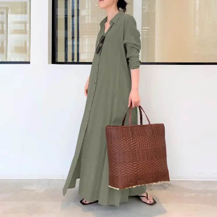 Brown Long Sleeve Lapel Shirt Dress with Pocket - Image 6