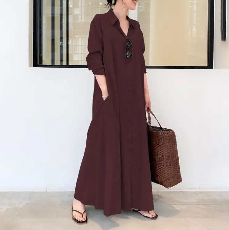 Brown Long Sleeve Lapel Shirt Dress with Pocket - Image 2