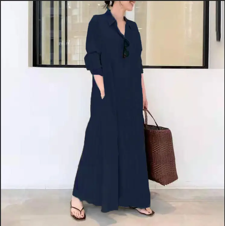 Brown Long Sleeve Lapel Shirt Dress with Pocket - Image 4