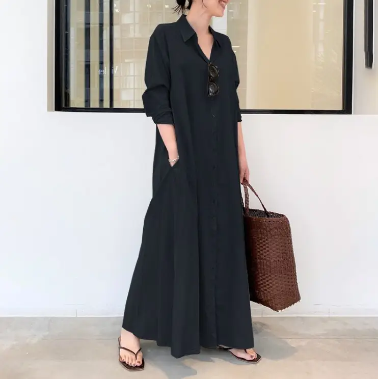 Brown Long Sleeve Lapel Shirt Dress with Pocket - Image 5