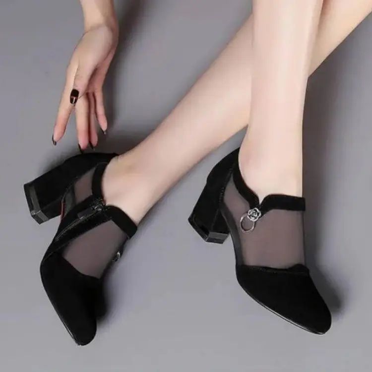 Mesh Sandals Women's 2021 Summer New Online Popular Korean Style Single-layer Shoes All-match Chick Heel High Heel Sandals Mid Heel Shoes for Mother - Image 4