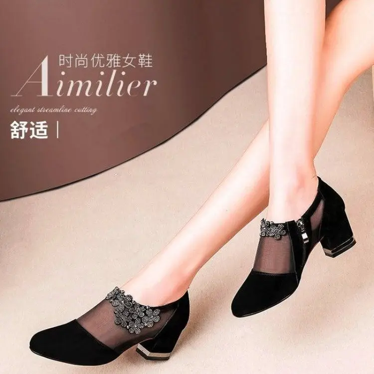 Mesh Sandals Women's 2021 Summer New Online Popular Korean Style Single-layer Shoes All-match Chick Heel High Heel Sandals Mid Heel Shoes for Mother - Image 5