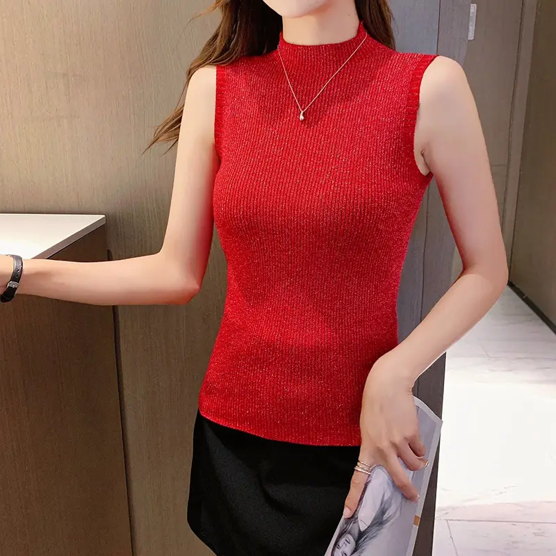 New Glitter Silk Sleeveless Top with Half-High Neck - Image 2