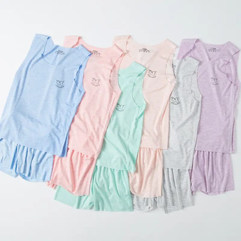 Summer Modal Vest Shorts Set for Kids Blue Pink Green - Image 8