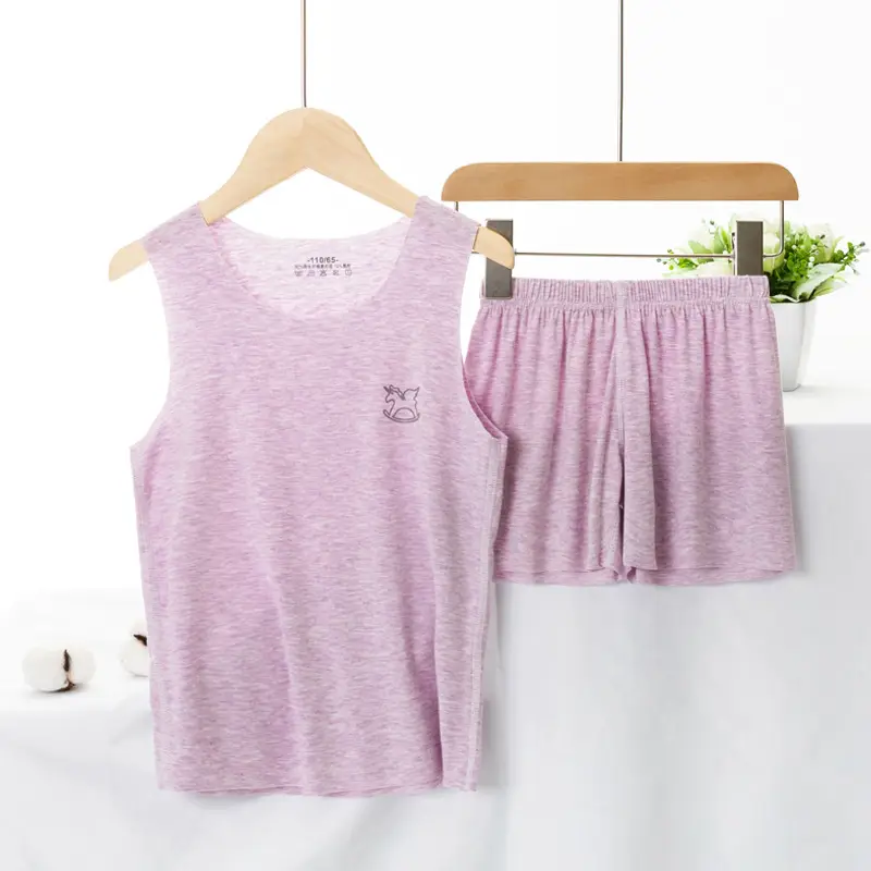 Summer Modal Vest Shorts Set for Kids Blue Pink Green - Image 2