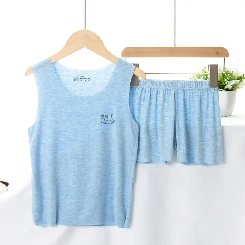 Summer Modal Vest Shorts Set for Kids Blue Pink Green - Image 4