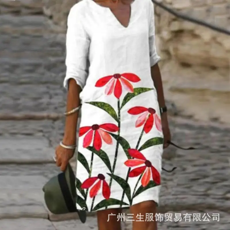 2024 Floral Print V-Neck Loose Dress Plus Size - Image 5