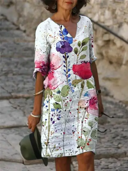 2024 Floral Print V-Neck Loose Dress Plus Size - Image 2