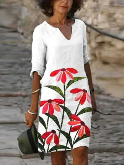 2024 Floral Print V-Neck Loose Dress Plus Size - Image 3