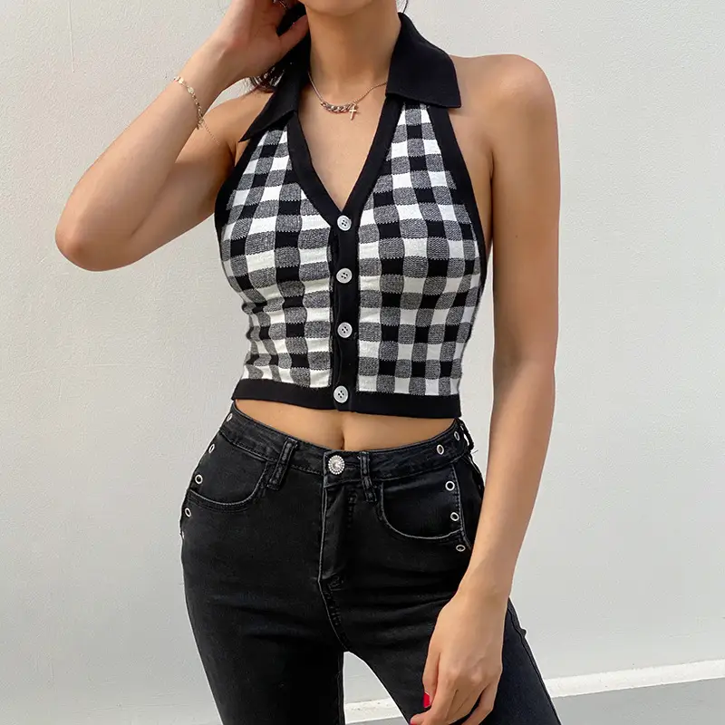 Women's Black White Zigzag Knitted Backless Top - Image 9