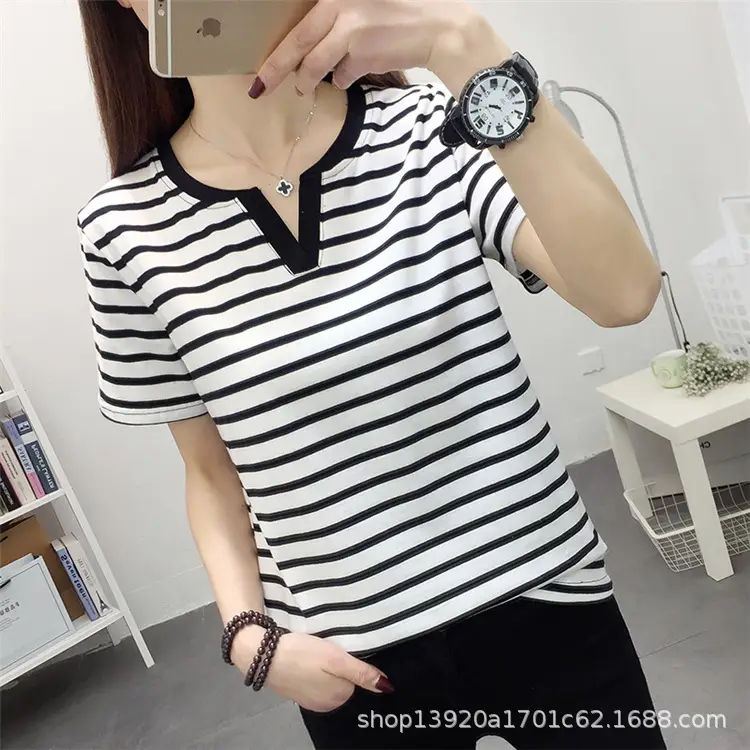 Women Striped V-Neck T-Shirt Large Cotton Loose Fit - Image 3
