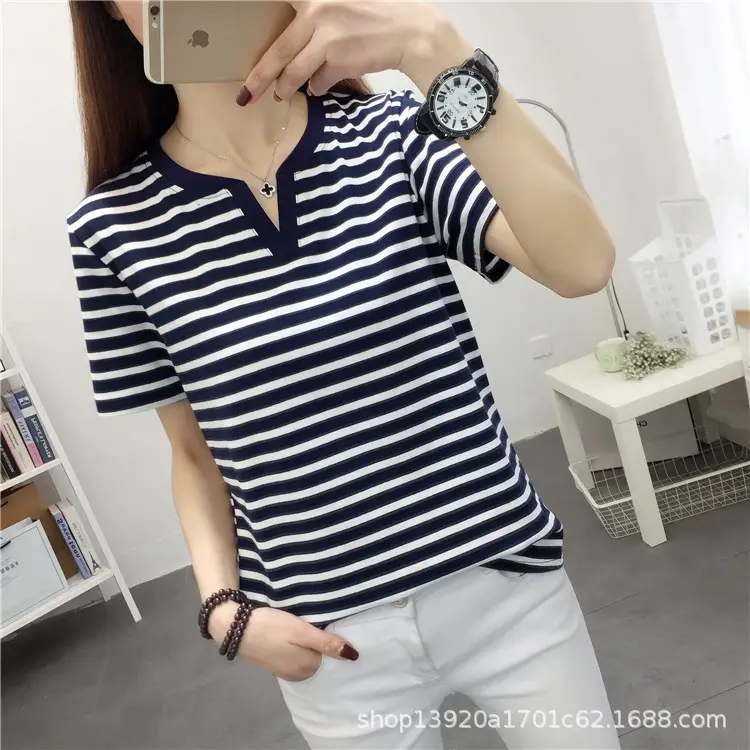 Women Striped V-Neck T-Shirt Large Cotton Loose Fit - Image 5