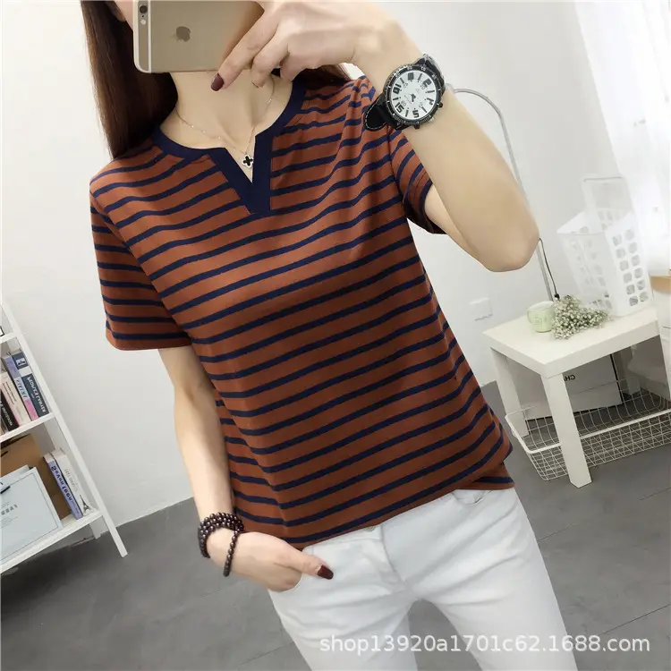 Women Striped V-Neck T-Shirt Large Cotton Loose Fit - Image 4