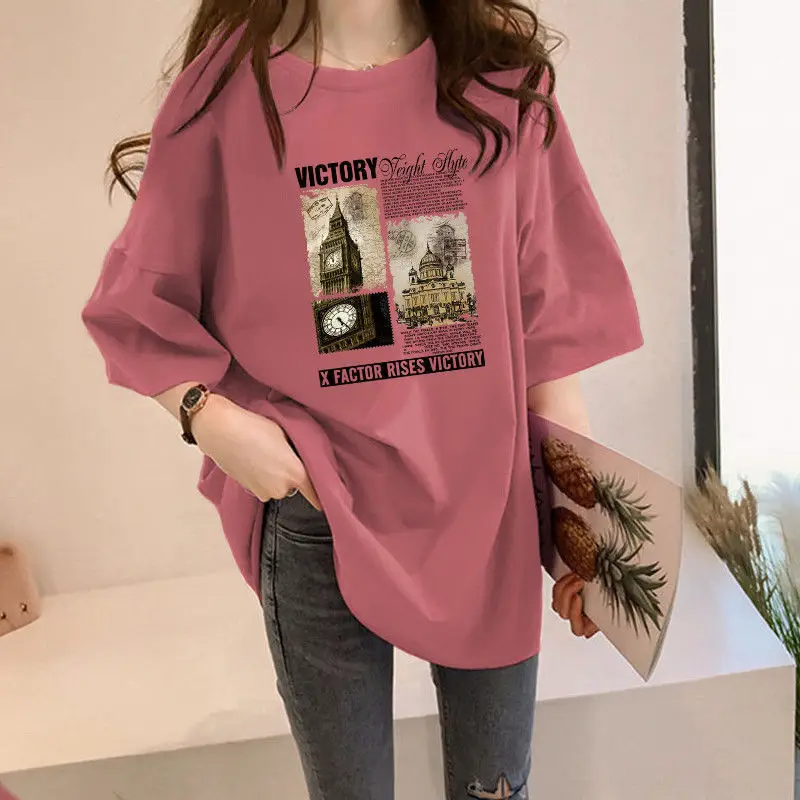 Women Loose Fit Cotton T-Shirt White Vintage Print