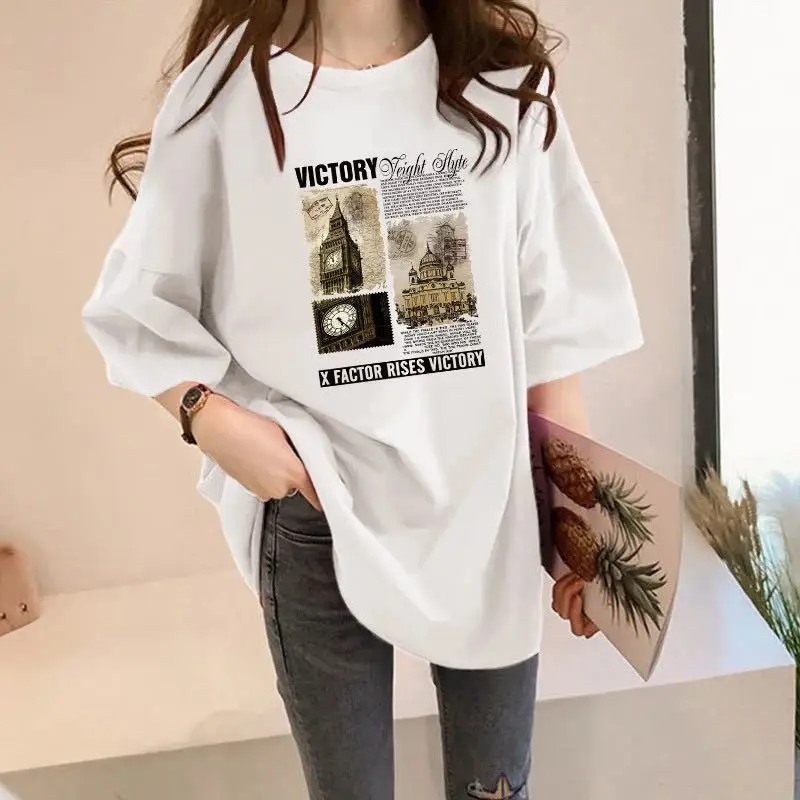 Women Loose Fit Cotton T-Shirt White Vintage Print