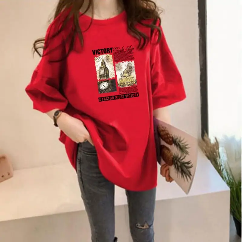 Women Loose Fit Cotton T-Shirt White Vintage Print