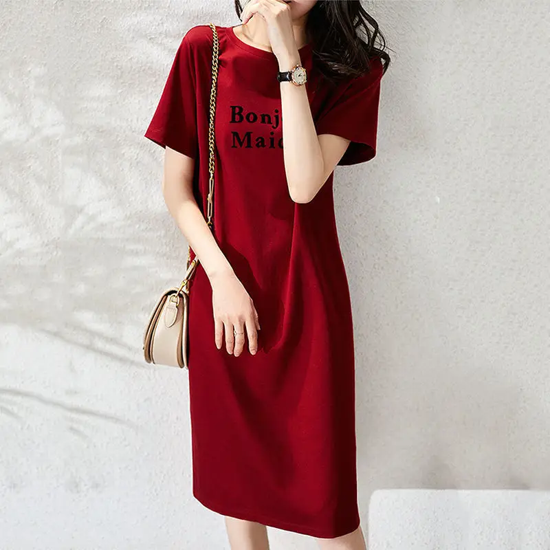Women Red Printed Mid-Length T-Shirt Dress Korean Style - Image 3