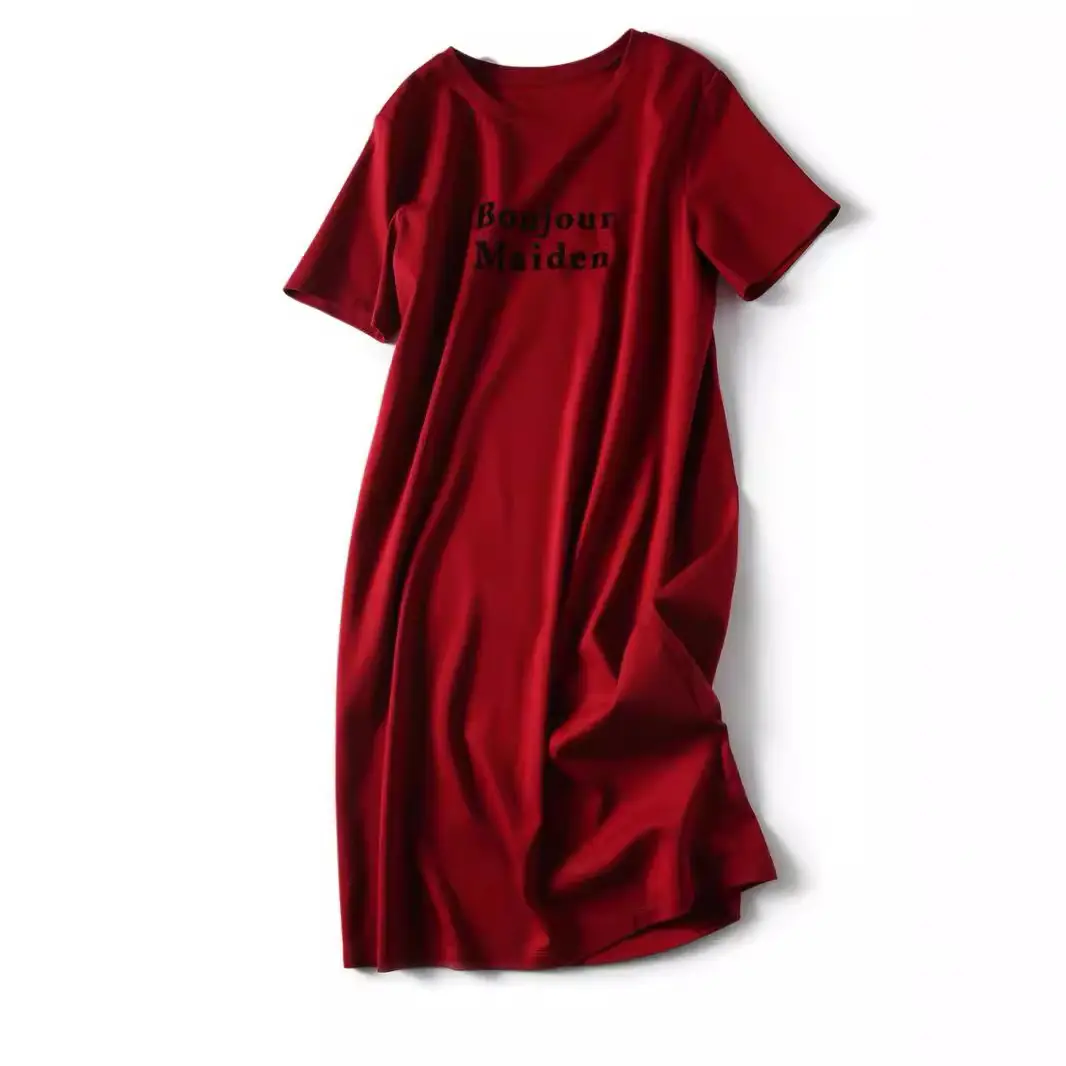 Women Red Printed Mid-Length T-Shirt Dress Korean Style - Image 6