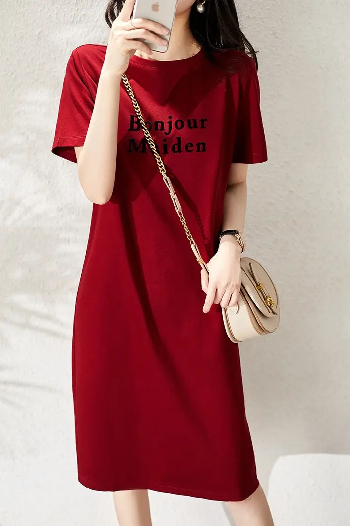 Women Red Printed Mid-Length T-Shirt Dress Korean Style — feature 1