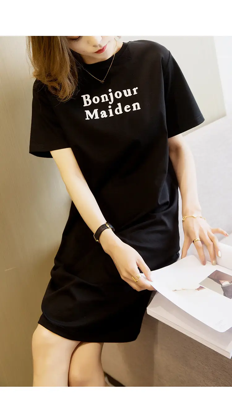 Women Red Printed Mid-Length T-Shirt Dress Korean Style - Image 2
