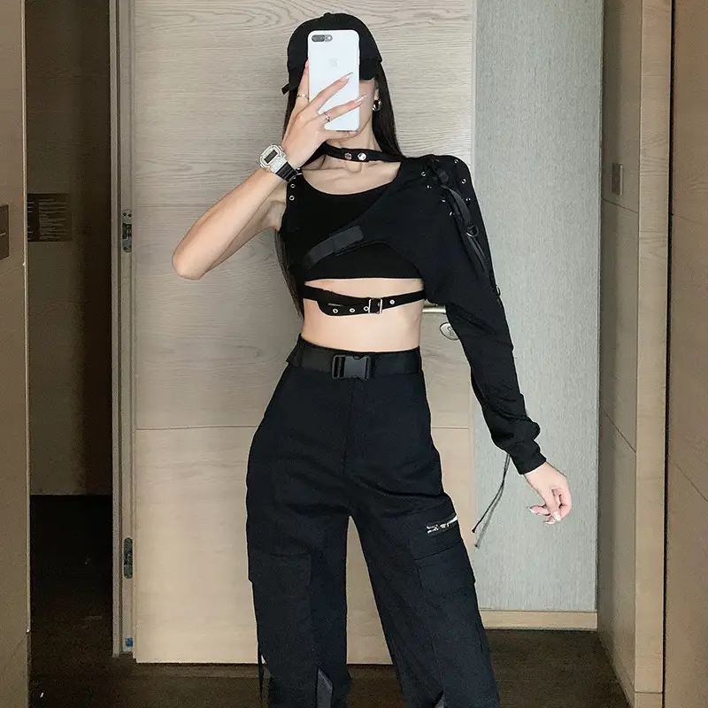 Black Camisole Leggings with Long Sleeve Top for Dance Wear - Image 2
