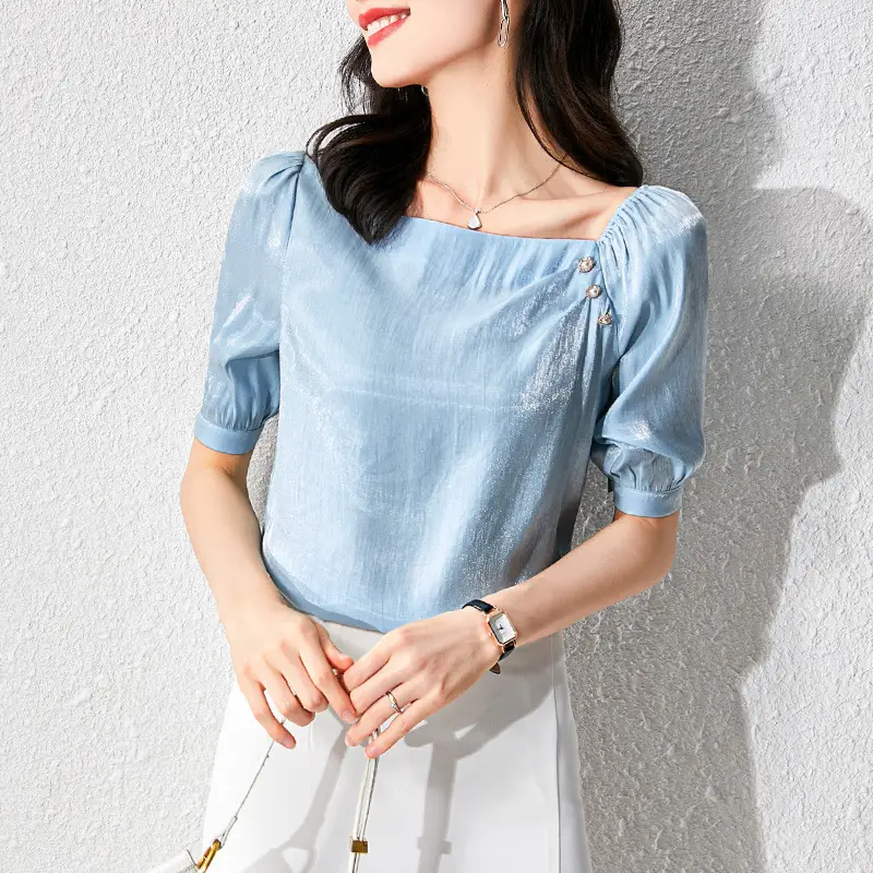 Light Blue Chiffon Women's Top with Side Open Back - Image 3