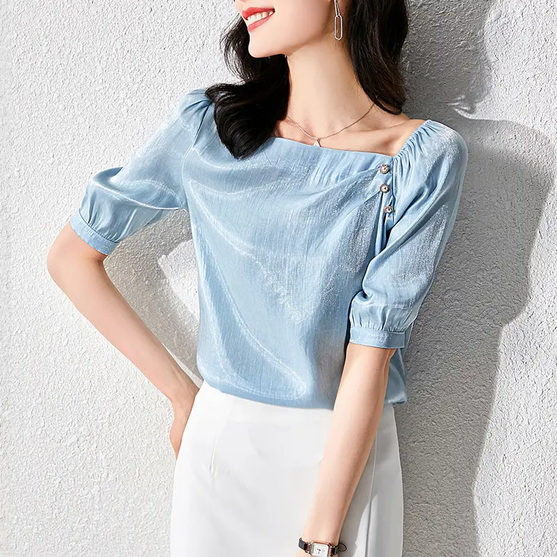 Light Blue Chiffon Women's Top with Side Open Back - Image 4