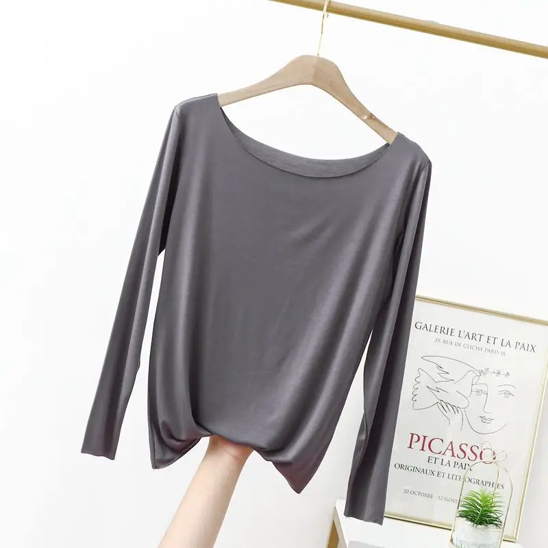 Women's Slim Fit Cotton T-Shirt Brown Long Sleeve - Image 7
