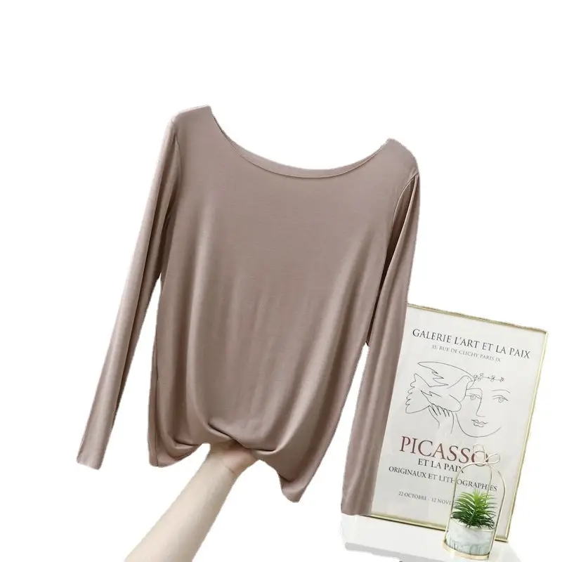 Women's Slim Fit Cotton T-Shirt Brown Long Sleeve - Image 9