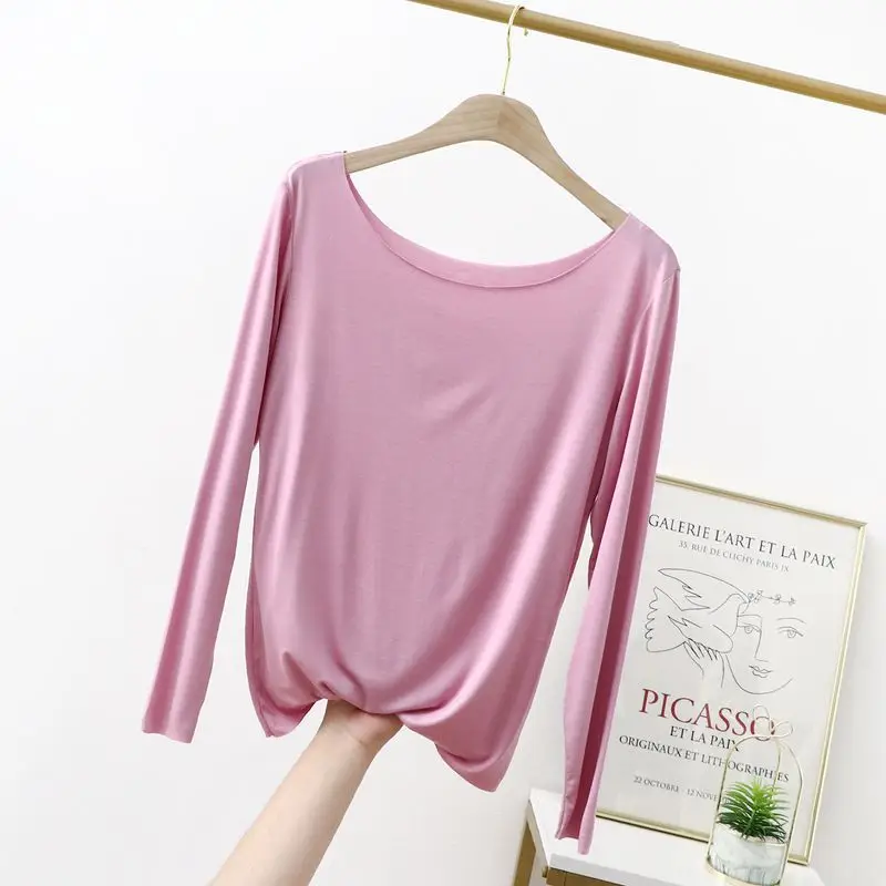 Women's Slim Fit Cotton T-Shirt Brown Long Sleeve - Image 2