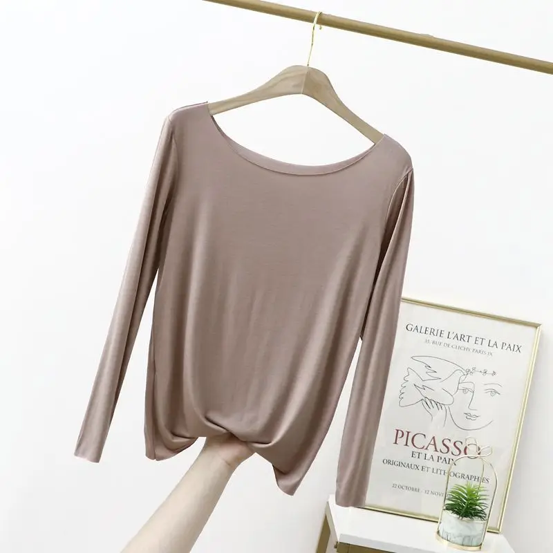 Women's Slim Fit Cotton T-Shirt Brown Long Sleeve - Image 5