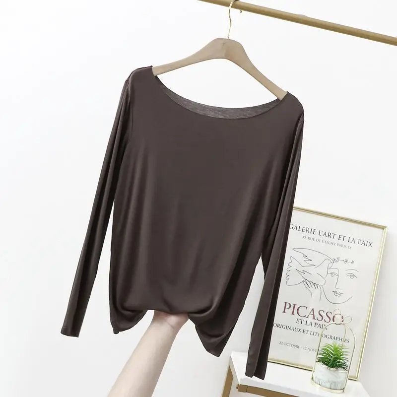 Women's Slim Fit Cotton T-Shirt Brown Long Sleeve - Image 6