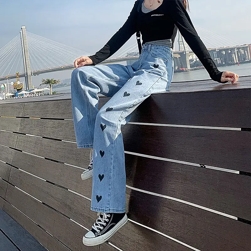 Love Embroidered Light Blue Wide Leg Jeans 2021 - Image 4