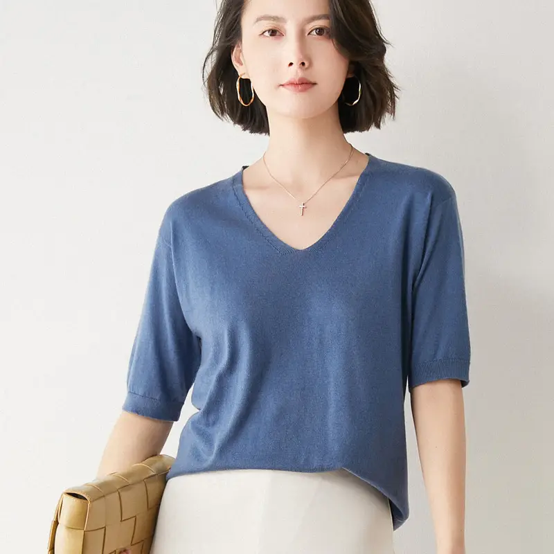Women V-Neck Knitted T-Shirt Red Short Sleeve