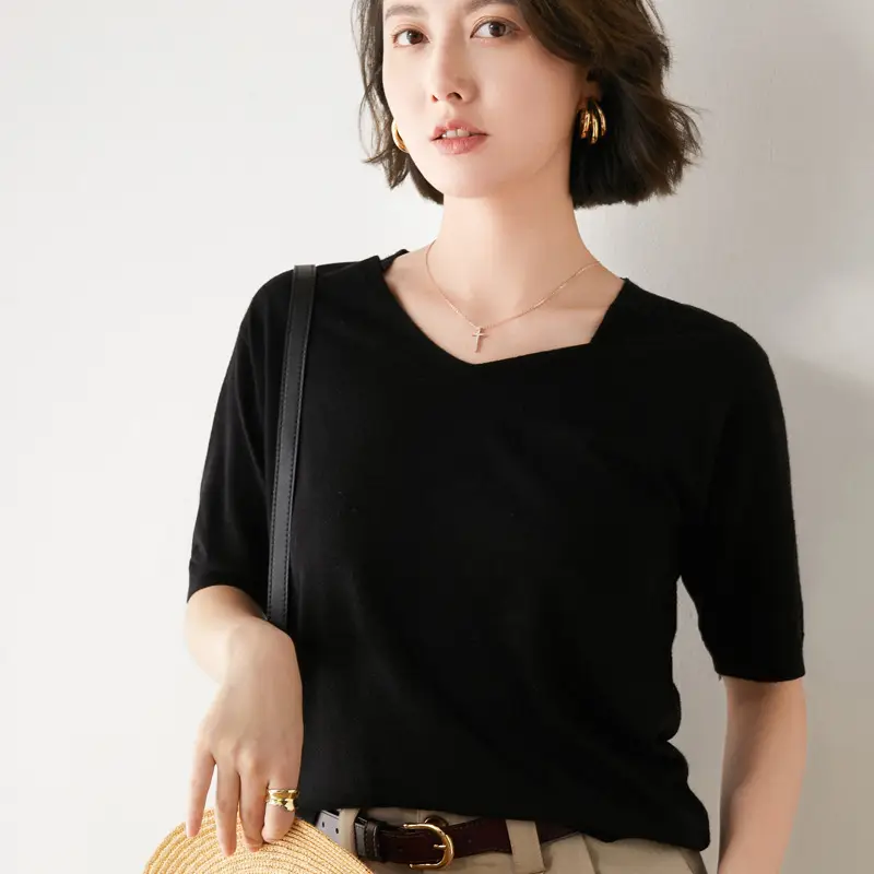 Women V-Neck Knitted T-Shirt Red Short Sleeve
