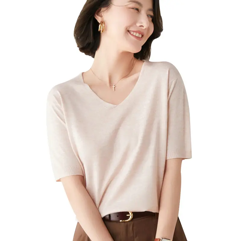 Women V-Neck Knitted T-Shirt Red Short Sleeve