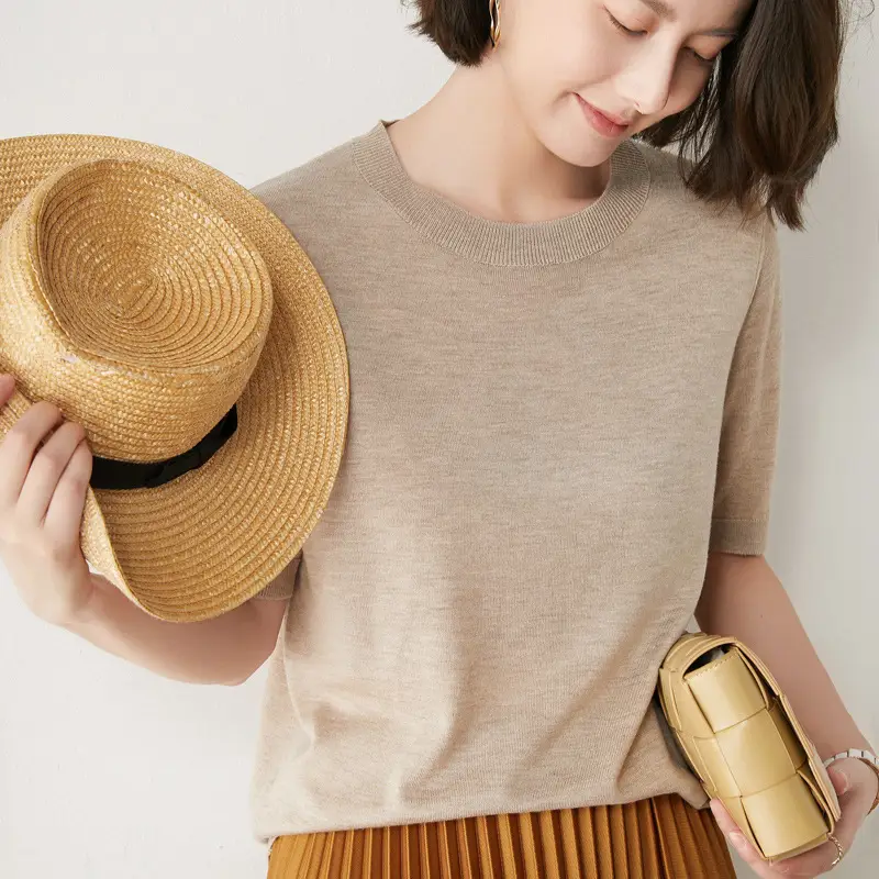 Women V-Neck Knitted T-Shirt Red Short Sleeve