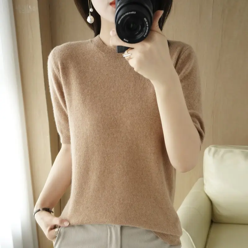 Women V-Neck Knitted T-Shirt Red Short Sleeve