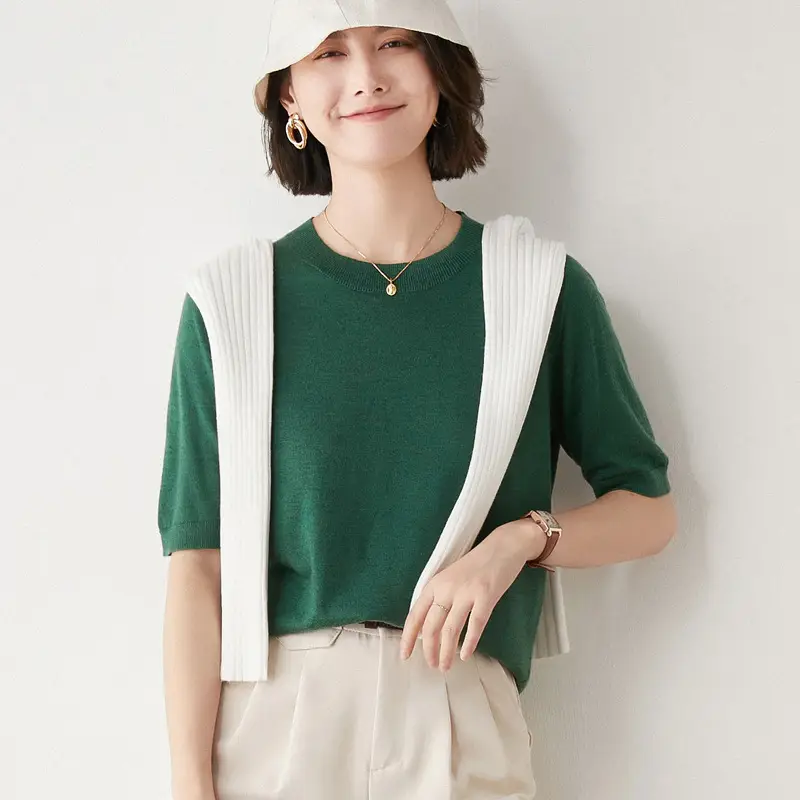 Women V-Neck Knitted T-Shirt Red Short Sleeve