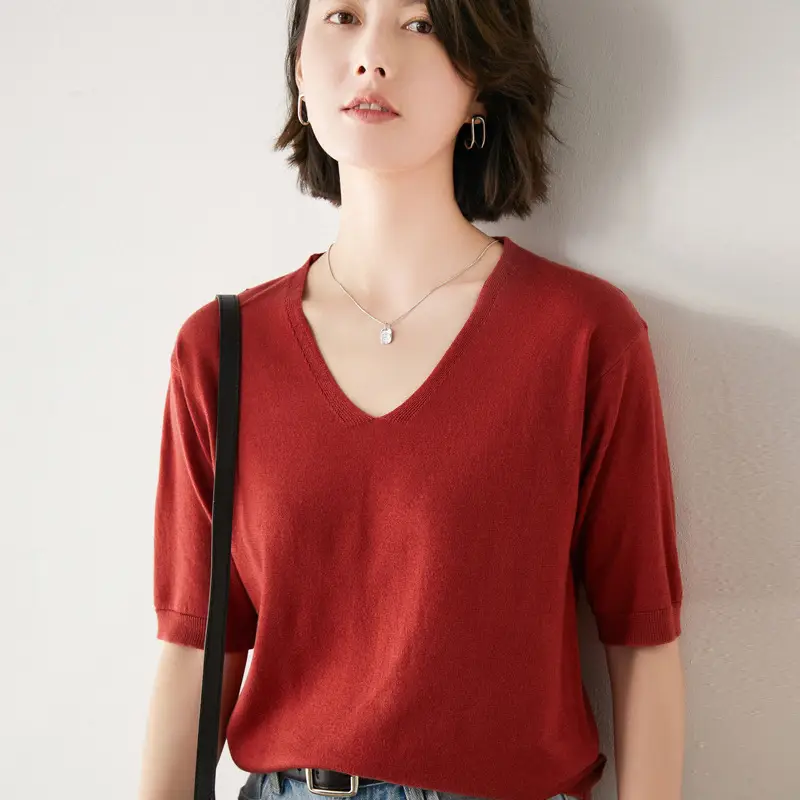 Women V-Neck Knitted T-Shirt Red Short Sleeve