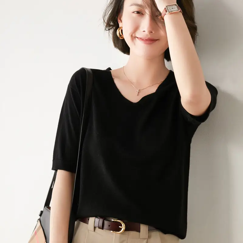 Women V-Neck Knitted T-Shirt Red Short Sleeve