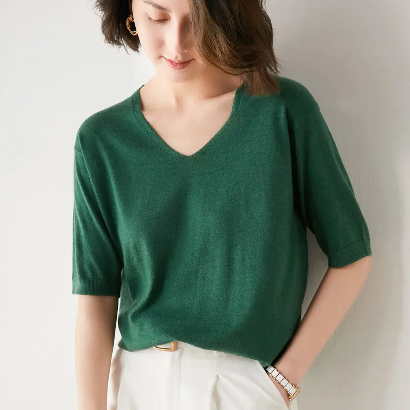 Women V-Neck Knitted T-Shirt Red Short Sleeve