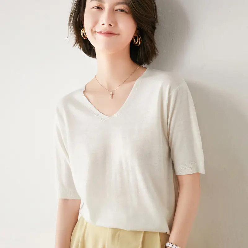 Women V-Neck Knitted T-Shirt Red Short Sleeve