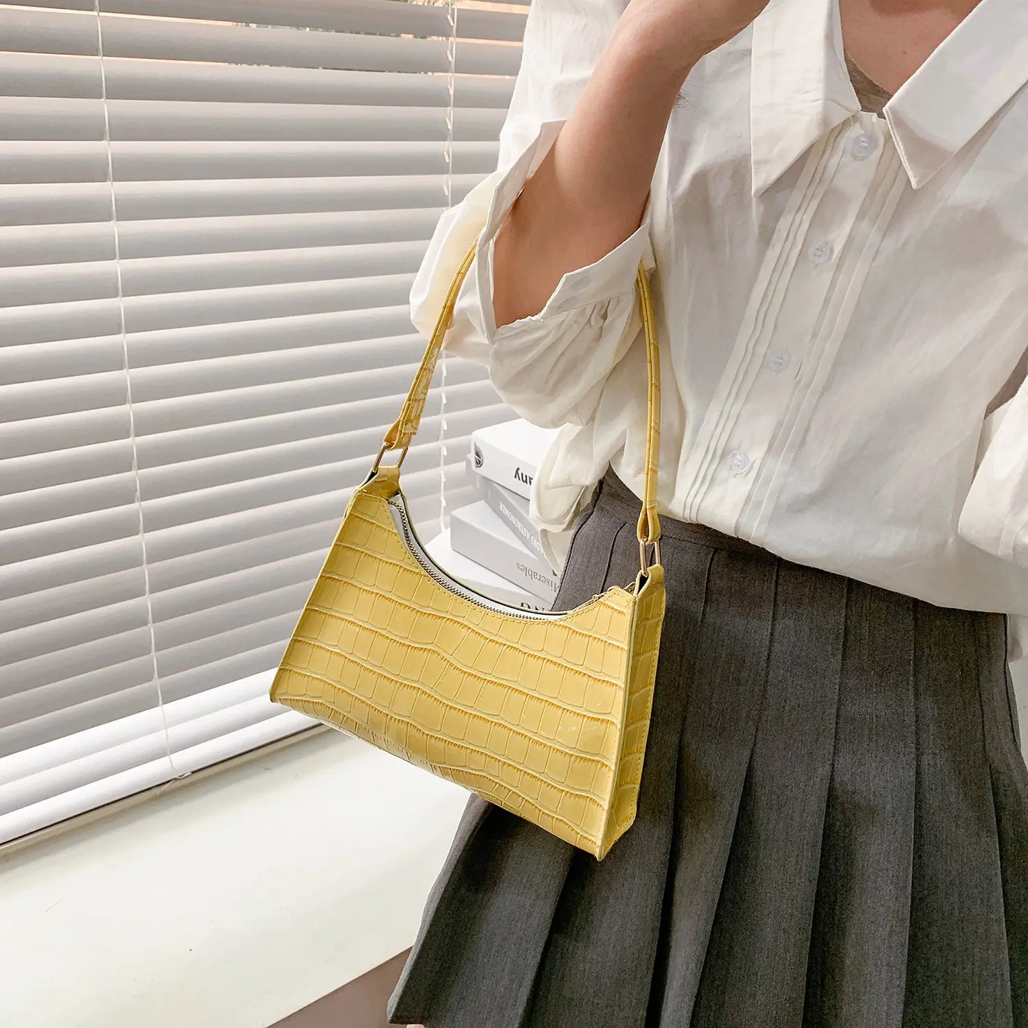 Yellow Croc Texture Shoulder Bag for Women 2023 - Image 8